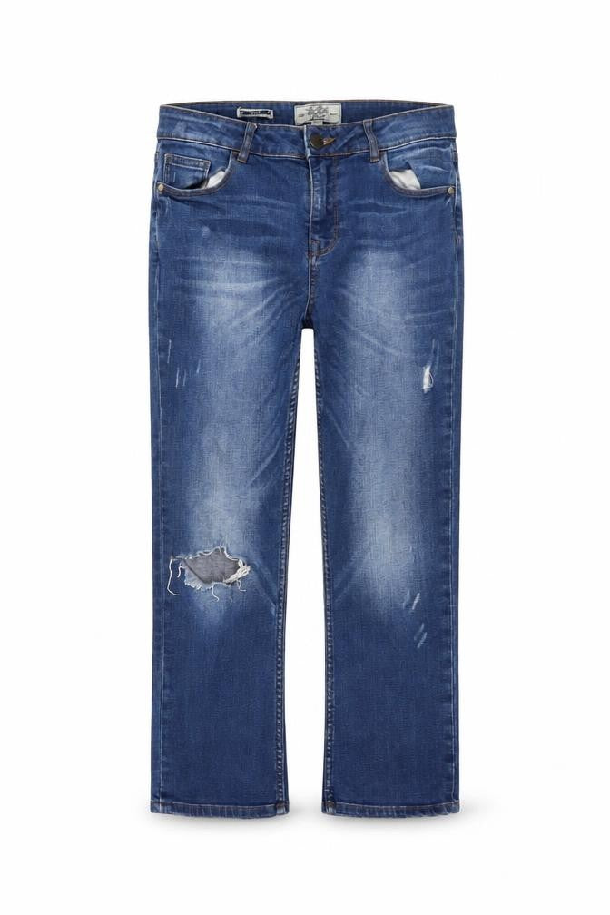 Front view of FatFace women’s blue straight jeans, size UK 6, distressed