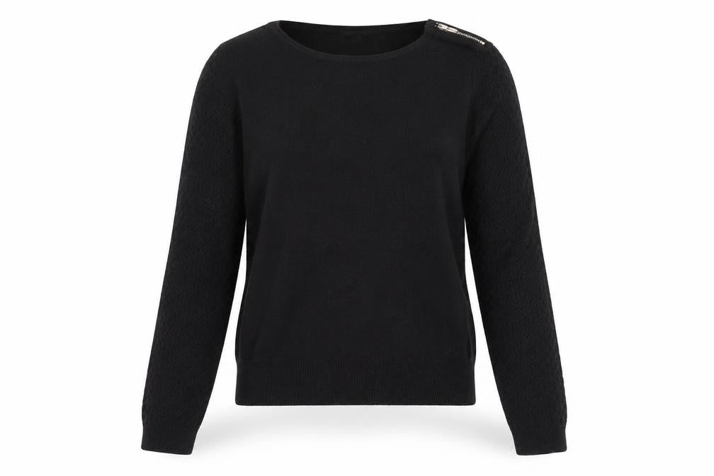 Front view of Warehouse Women's Black, size 8, Jumper with Zip Accent