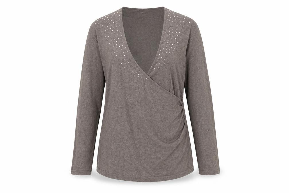 Front view of Windsmoor Women's Brown Wrap Jumper, M, Studded V-Neck