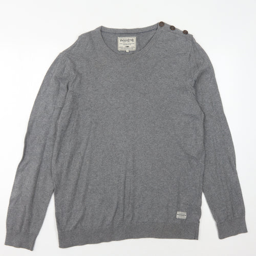 Jack & Jones Men's Grey Pullover Jumper L Button Accent