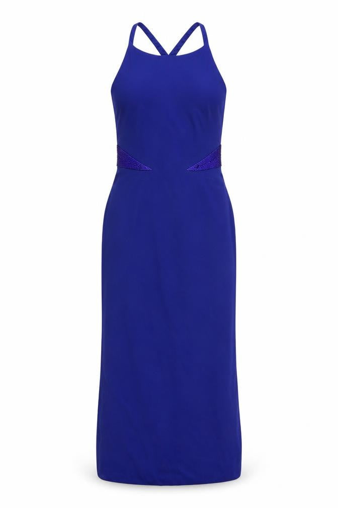 Front view of Simon Ellis Women’s Blue Dress, size UK 14, Sleeveless