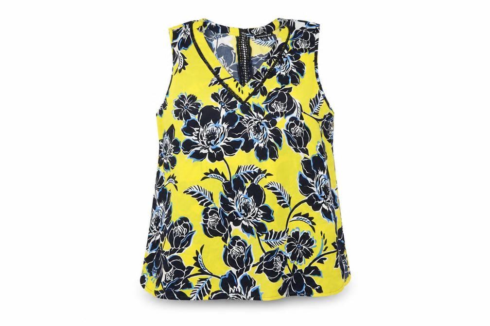 Front view of Warehouse Women's Yellow Floral V-Neck Tank Top