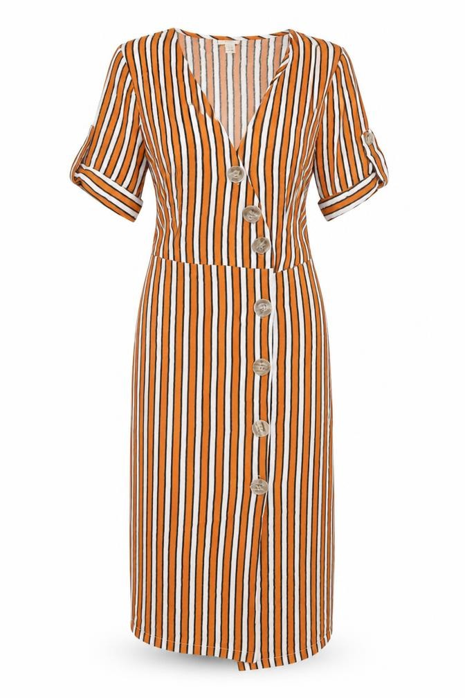 Front view of River Island Women's Striped V-Neck Belted Dress -, size 10