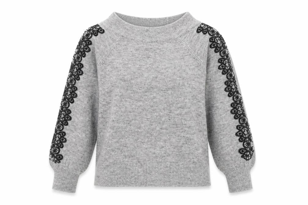 Front view of Lipsy Women's Grey Lace Sleeve jumper, size 8