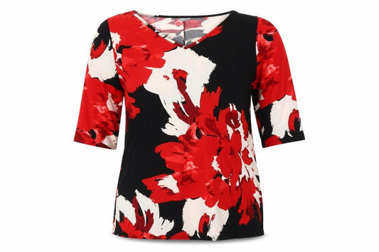 Front view of M&Co Women's Red Floral V-Neck Plus Size Top