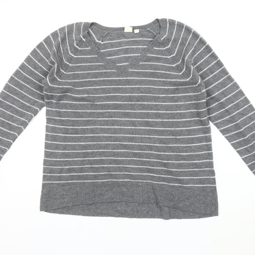 GAP Women's Grey Striped V-Neck Pullover Jumper M