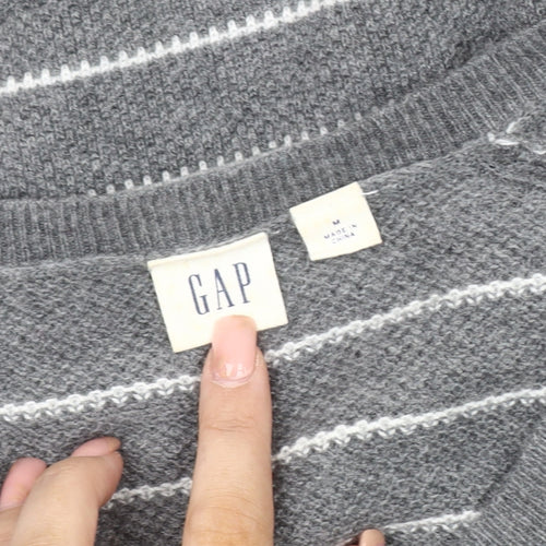GAP Women's Grey Striped V-Neck Pullover Jumper M