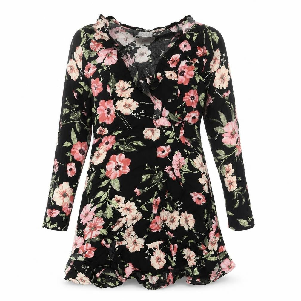 Front view of Apricot Women's Black Floral Wrap Dress -, size 12