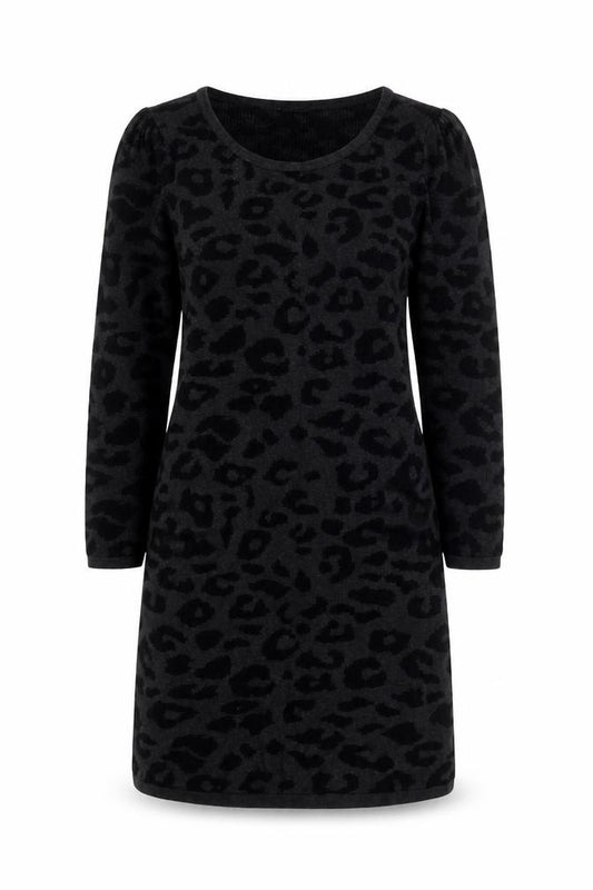 Front view of Soaked in Luxury Women's Black Animal Print Shift Dress -, size S