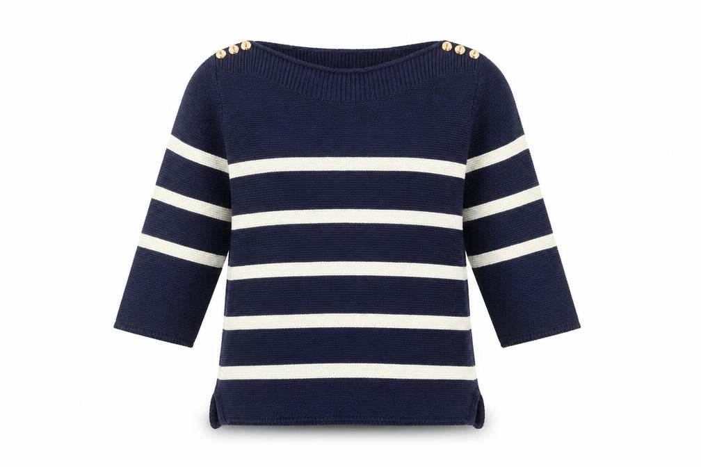 Front view of Artigiano Women's Blue Striped 3/4 Sleeve Jumper