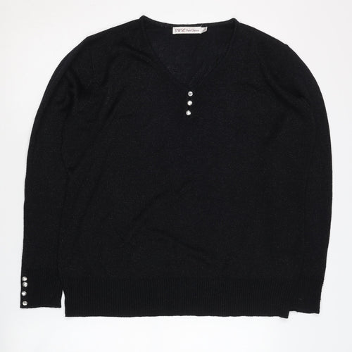 EWM Women's Black Henley Jumper L V-Neck Long Sleeve