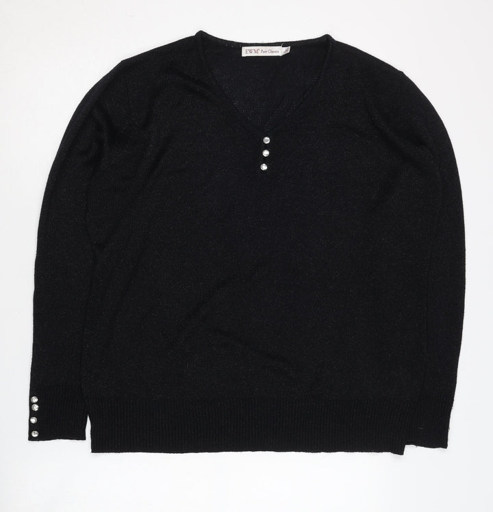 EWM Women's Black Henley Jumper L V-Neck Long Sleeve