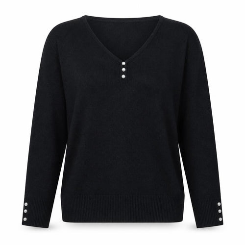 EWM Women's Black Henley Jumper L V-Neck Long Sleeve