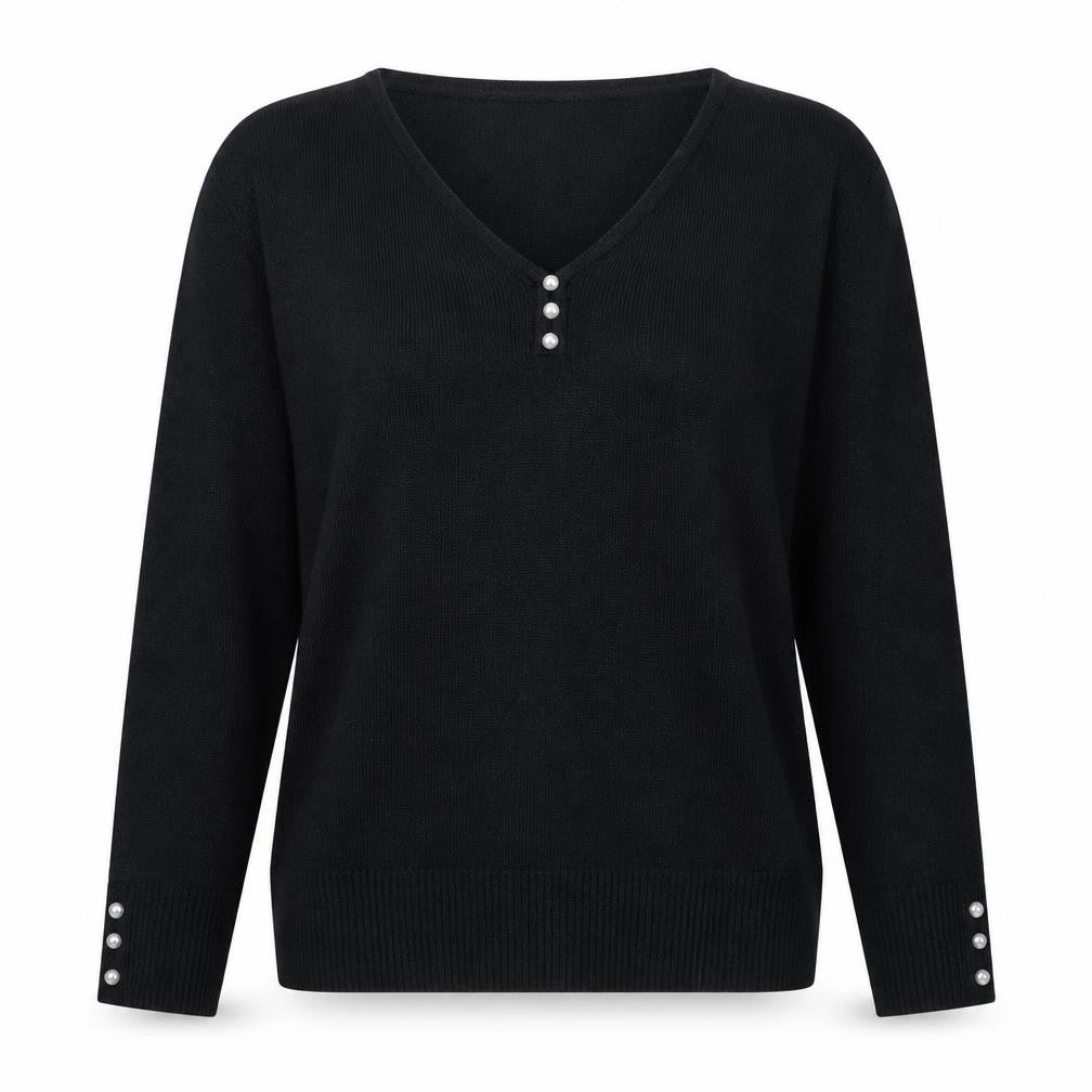 EWM Women's Black Henley Jumper L V-Neck Long Sleeve