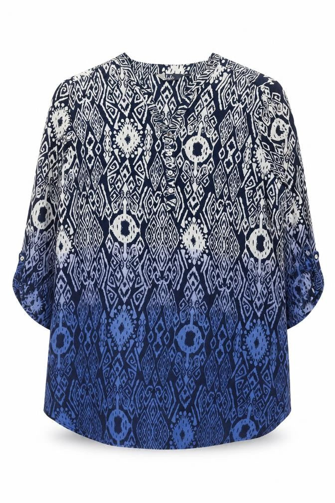 Front view of Isle Women's Blue V-Neck Geometric Blouse, size 16