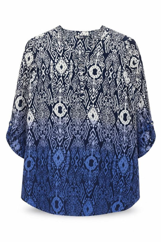 Front view of Isle Women's Blue V-Neck Geometric Blouse, size 16