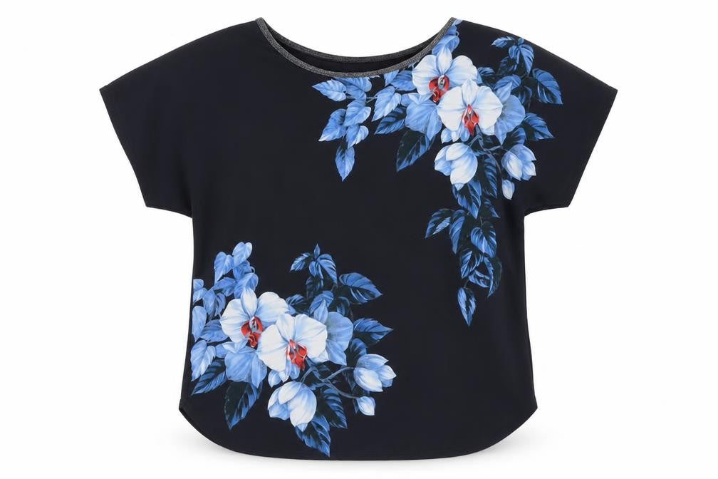 Front view of Oasis Women's Black Floral T-Shirt, size S