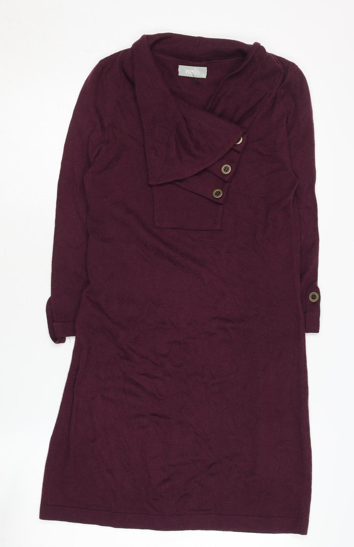 Wallis Women's Purple Knit Dress S 3/4 Sleeve Cowl Neck