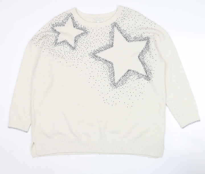 Monsoon White XL Women's Star Sequin Pullover Jumper