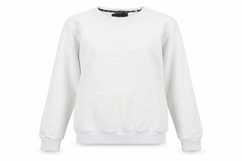Front view of DFND Women's White Sweatshirt, size 12, with Logo