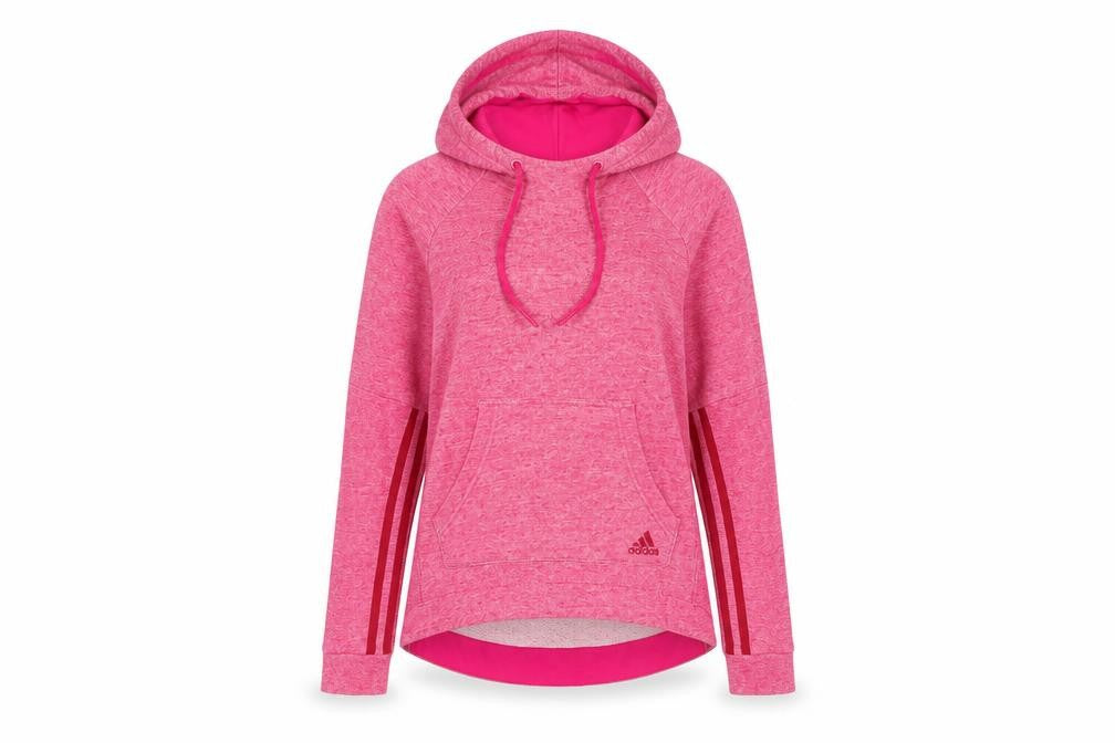 Front view of Adidas Women's Pink Pullover Hoodie, size S, Activewear