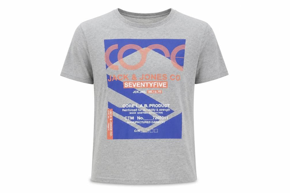 Front view of Jack & Jones Men's Grey Graphic Print T-Shirt - L