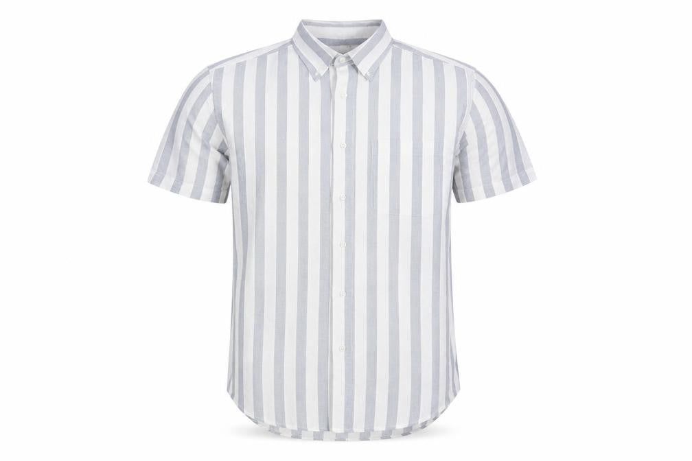 Front view of Jean Pierre Men's Grey Striped Short Sleeve Shirt M