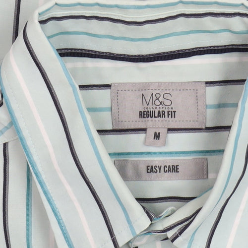 Marks and Spencer Men's Blue Striped Shirt - Medium