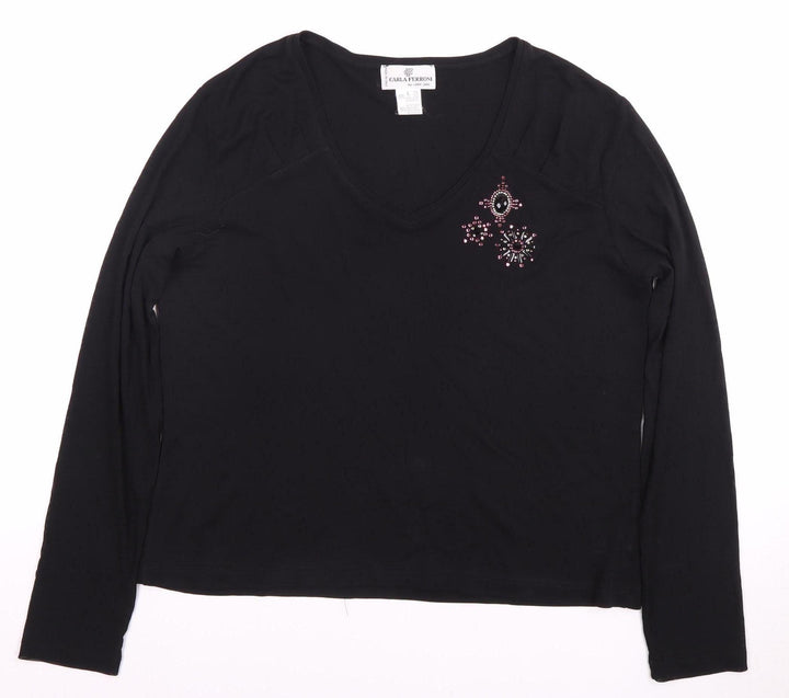 CARLA FERRONI Women's Black Beaded V-Neck T-Shirt L
