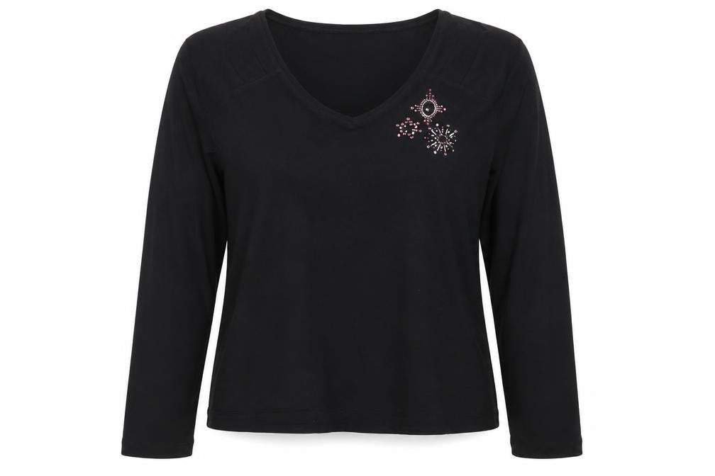CARLA FERRONI Women's Black Beaded V-Neck T-Shirt L