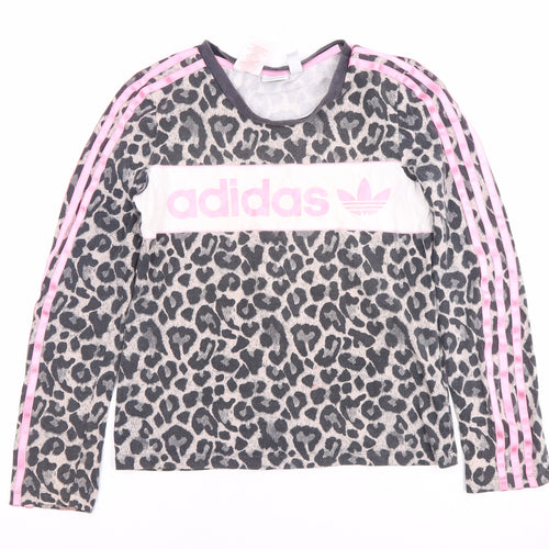 Adidas Girls Grey Pink Animal Long Sleeve Pullover 11-12 Years