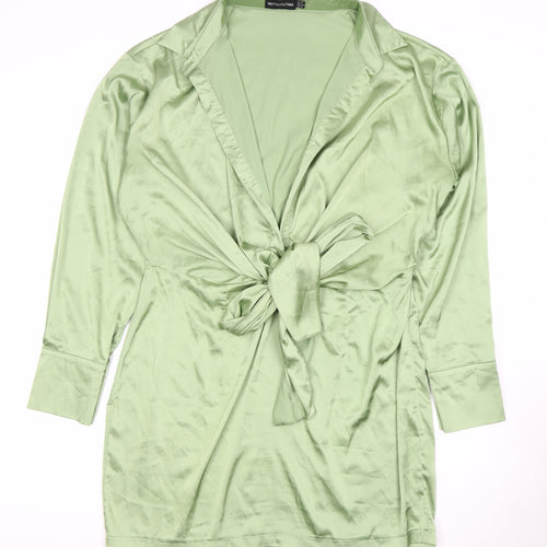 PrettyLittleThing Women's Green Bow Tie Collared Dress - Size 16