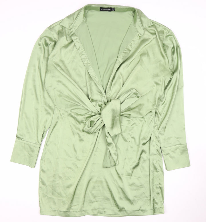 PrettyLittleThing Women's Green Bow Tie Collared Dress - Size 16