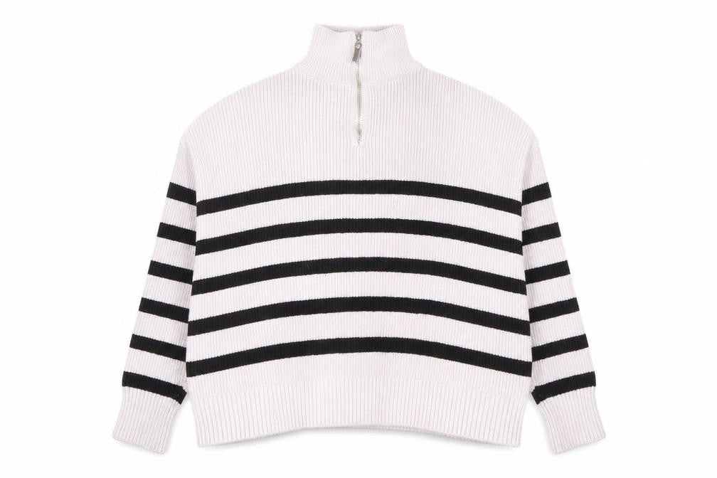 Front view of Mango Women's Black & White Striped XS High Neck Jumper