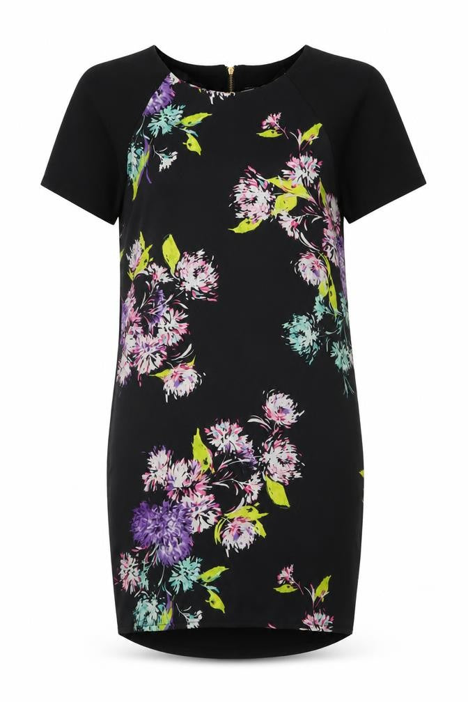 Front view of Warehouse Women's Black Floral Dress, size 8
