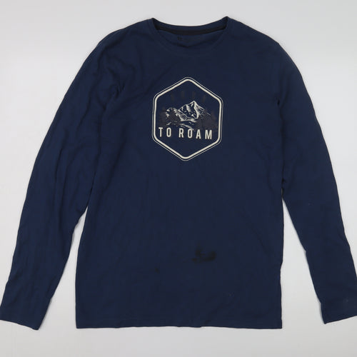 Marks & Spencer Men's Blue Long Sleeve Graphic T-Shirt, M
