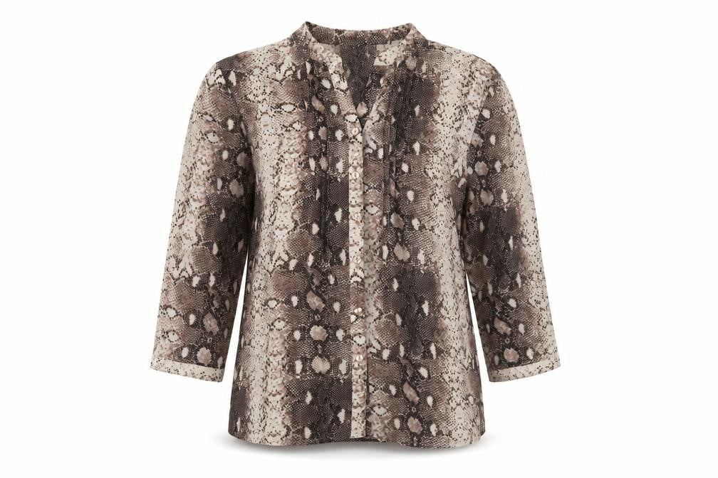 Front view of Country Casuals Women's Brown Animal Print Blouse, size 14, Casual