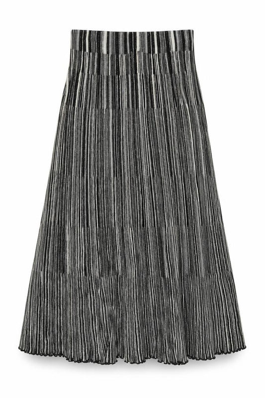 Front view of United Colors of Benetton Women's Grey Cotton Blend Striped Pleated Midi Skirt, size XS