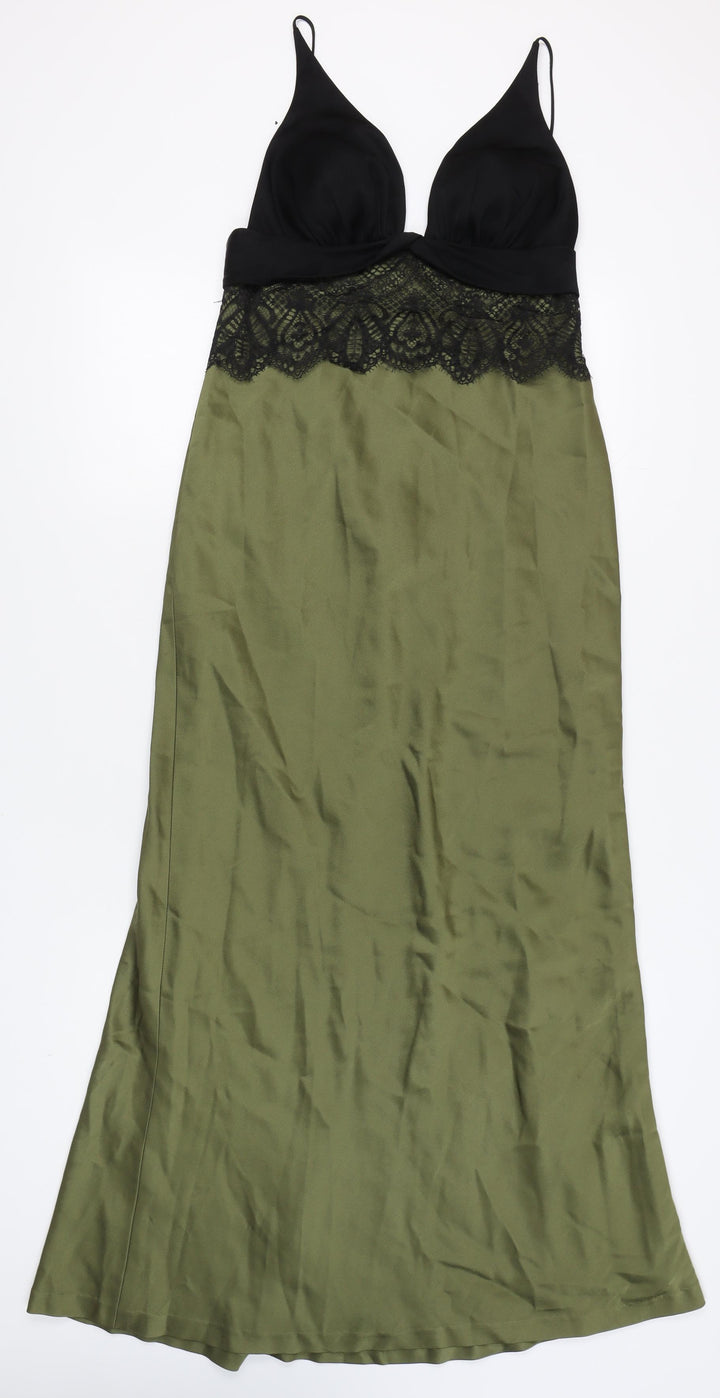 Selina Women's Black & Green Slip Dress, Size 12 V-Neck