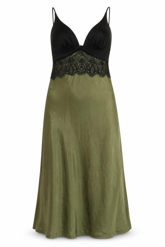 Selina Women's Black & Green Slip Dress, Size 12 V-Neck