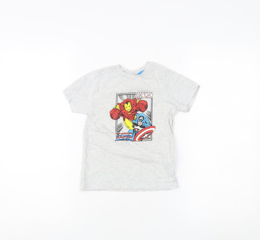 Front view of Marvel boys’ grey t-shirt, size 4-5, years, superhero graphic
