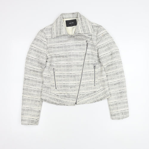 Jacob Women's White Biker Jacket XS, Collared Tweed Zip