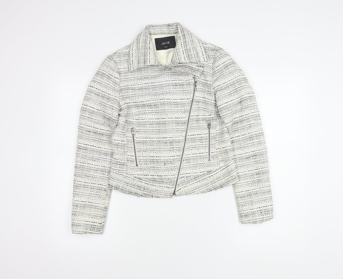 Jacob Women's White Biker Jacket XS, Collared Tweed Zip