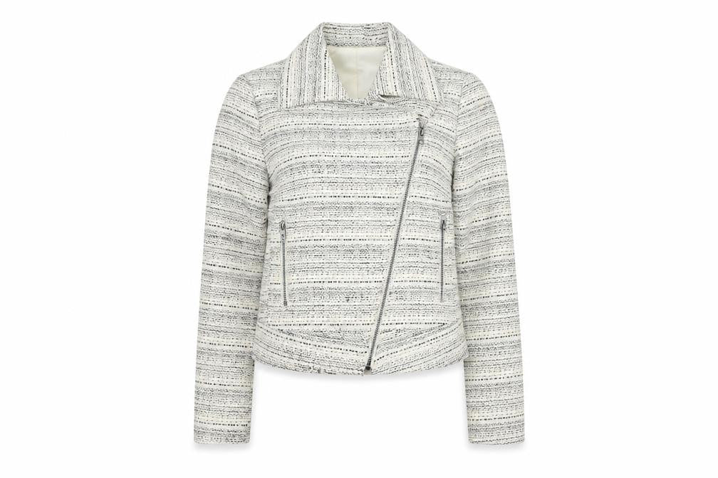 Front view of Jacob Women's White Biker Jacket XS, Collared Tweed Zip