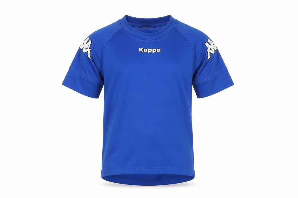 Front view of Kappa boys’ blue polyester t-shirt, age 6, sporty style