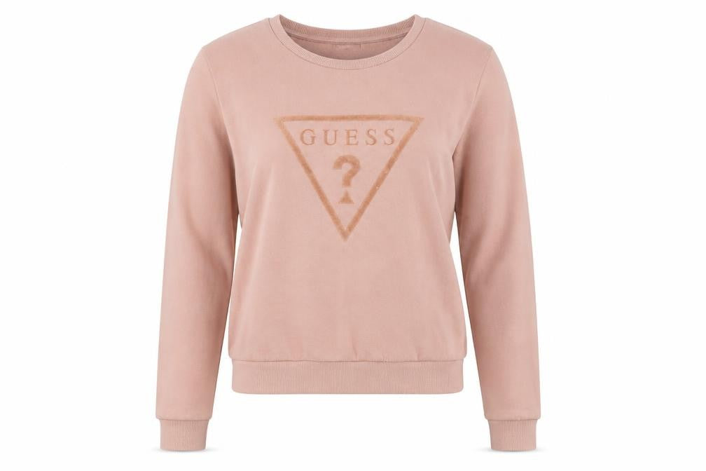 Front view of Guess women’s pink logo pullover sweatshirt xs