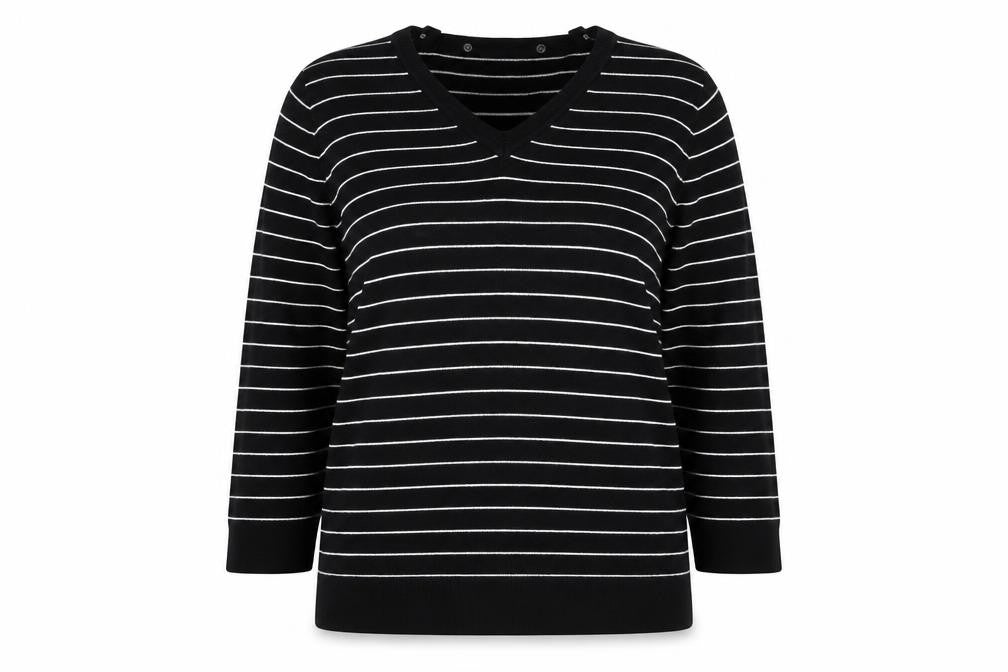 Front view of Windsmoor Women's Black V-Neck Striped jumper L