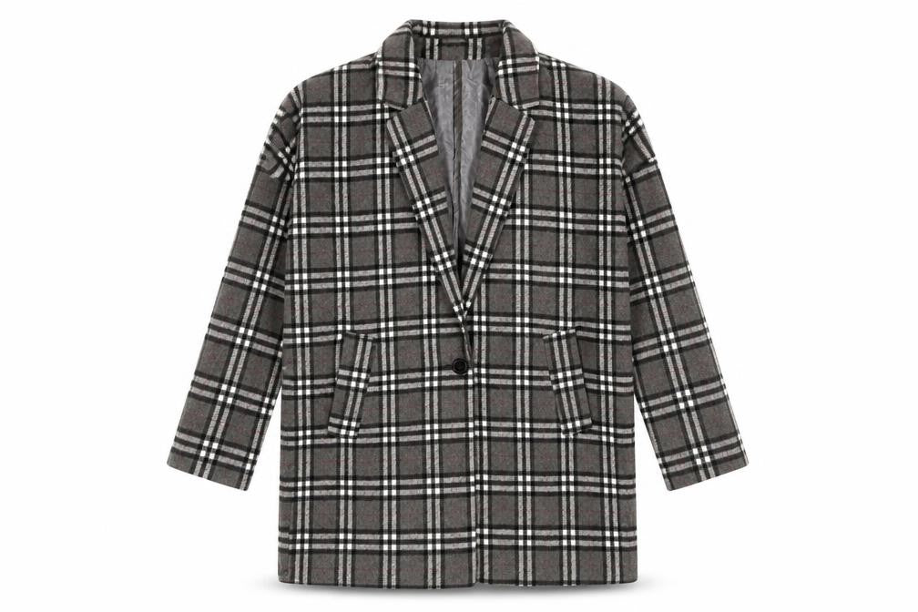 Front view of Stella Morgan Women's Grey Plaid Overcoat, size 12