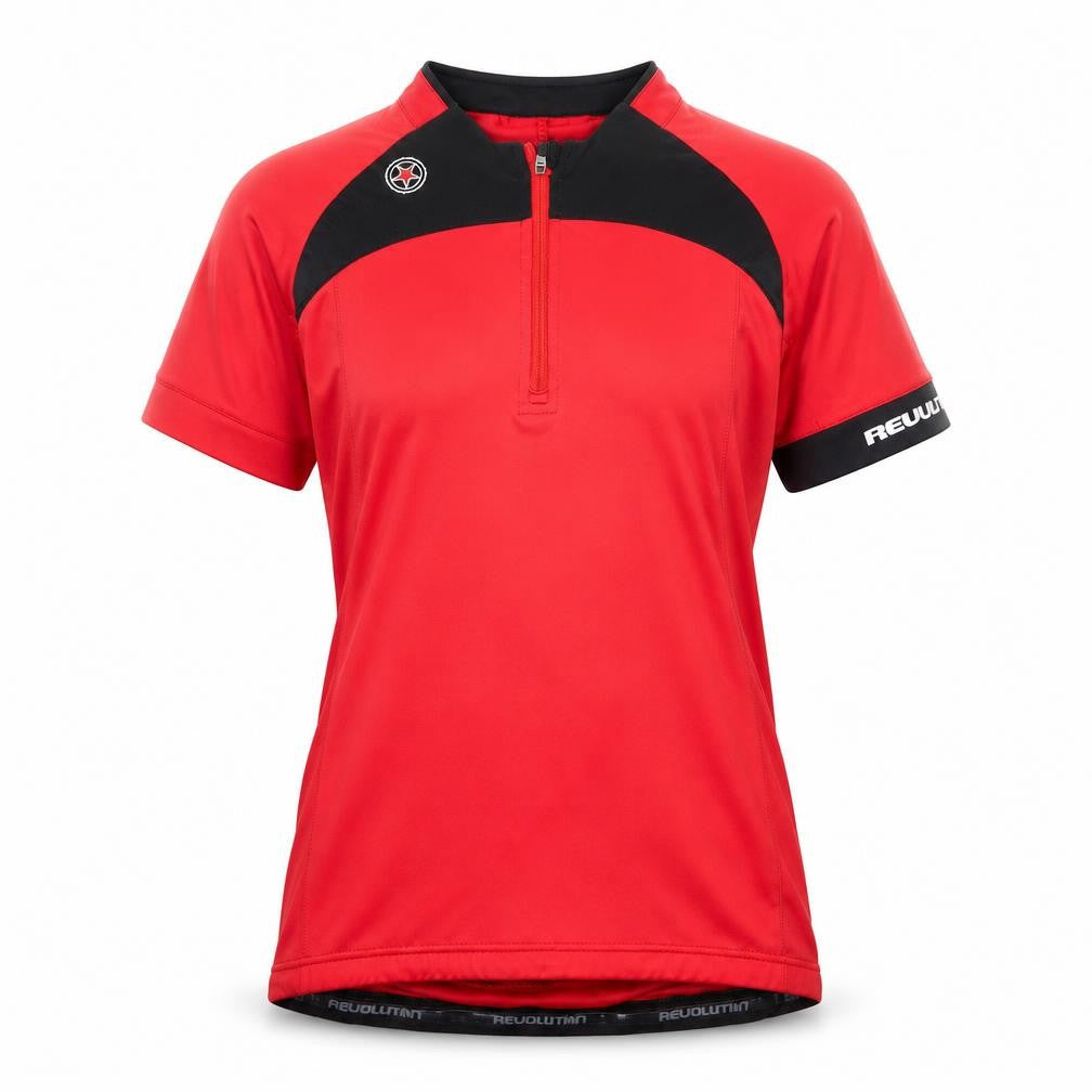 Front view of Revolution Women's Red Cycling Jersey, size 12, Short Sleeve