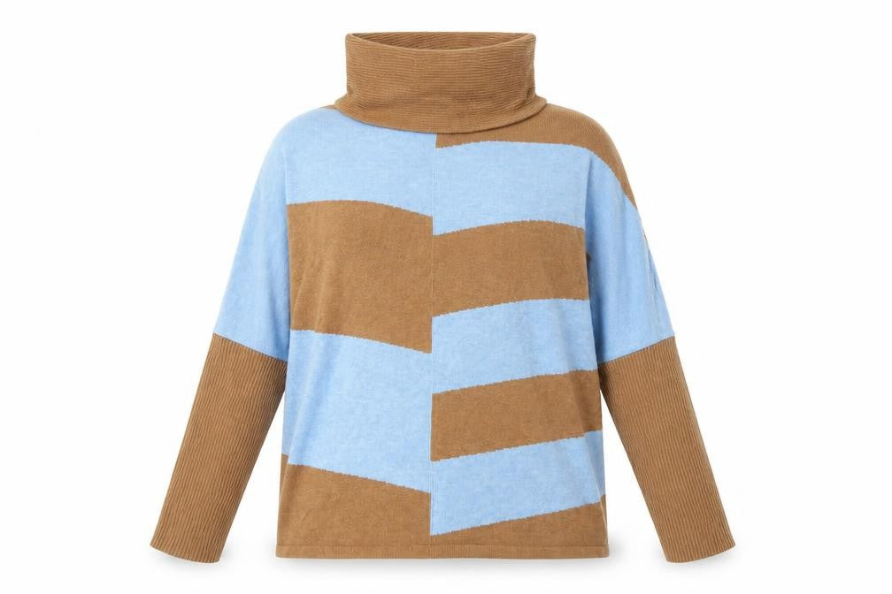 Front view of Marble Women's Geometric Cowl Neck Jumper Blue/Brown, size 12